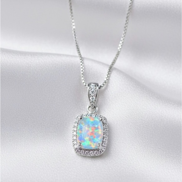 3Ct Cushion Cut Fire Opal Diamond Halo Pendant 18" Necklace Sterling Silver - Picture 5 of 10